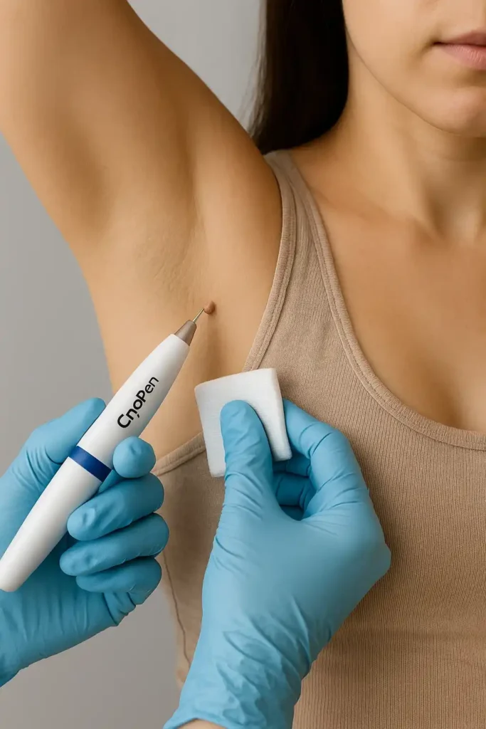 woman having cryopen to remove underarm skin tags Earl's Court