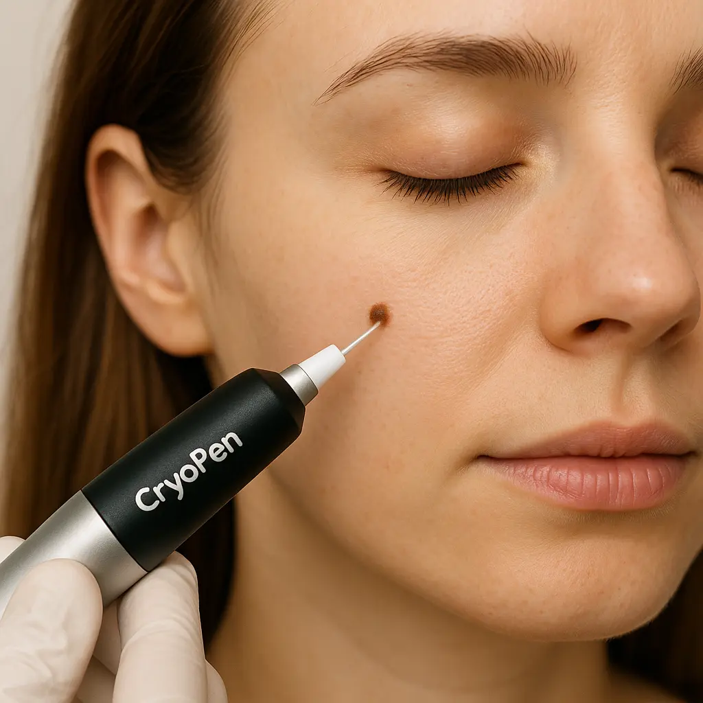 woman receiving facial mole removal Earl's Court using cryopen