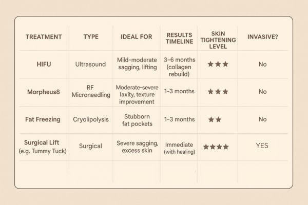 Table showing the comparisons of Skin tightening Earl's Court treatment options.